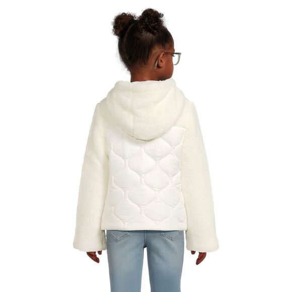Swiss Alps Girls Hooded Quilted Fleece Jacket Size 5-6 Full Zip Vanilla Pockets - Picture 2 of 5